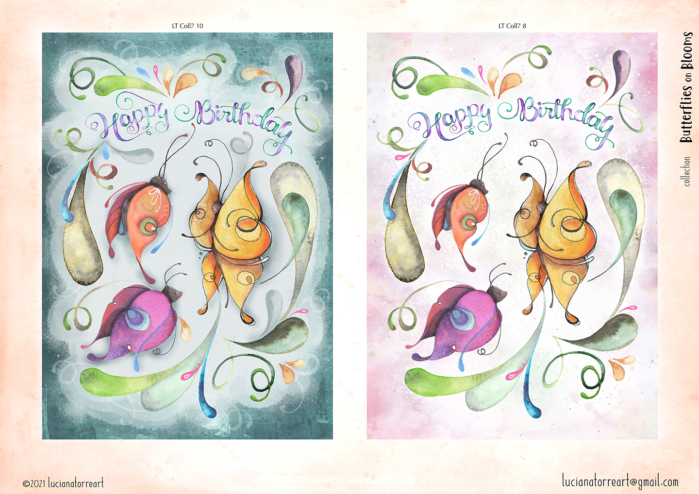 boho baby animals cute moths playing with bohemian butterfly in floral wreath with organic hand written happy birthday lettering - fairy botanical designs in pastel violet, golden yellow ocher, fuchsia and baby pink - watercolour hand painted floral illustrations by Luciana Torre Art for licensing 
I’m Luciana Torre, a fine artist & illustrator, freelance graphic designer & surface pattern designer with the passion for hand drawn lettering. I’m a commercial artist specialized in watercolor floral illustrations and hand painted botanical designs with gorgeous butterflies. I create joyful art for products available in two ways: by licensing my ready-made designs and creating custom artwork, prints & surface pattern designs. Luciana Torre Art creates unique floral designs and watercolor botanical illustrations for stationery and paper products, as well as floral textiles