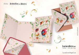 vibrant fuchsia pink butterfly and cute moths with orange tulip and red poppies in fairy spring flowers illustration with organic happy birthday hand lettering quote.
