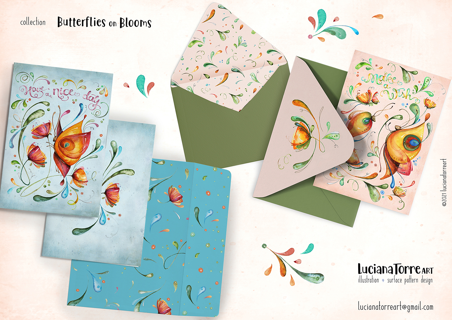rainbow colorful butterfly in golden yellow orange and red with spring flowers poppies and pink tulips. floral illustration on pastel blue sky with organic hand lettering and positive quote. hand painted watercolour floral illustrations and botanical designs 

I’m Luciana Torre, a fine artist & illustrator, freelance graphic designer & surface pattern designer with the passion for hand drawn lettering. I’m a commercial artist specialized in watercolor floral illustrations and hand painted botanical designs with gorgeous butterflies. I create joyful art for products available in two ways: by licensing my ready-made designs and creating custom artwork, prints & surface pattern designs. Luciana Torre Art creates unique floral designs and watercolor botanical illustrations for stationery and paper products, as well as floral textiles