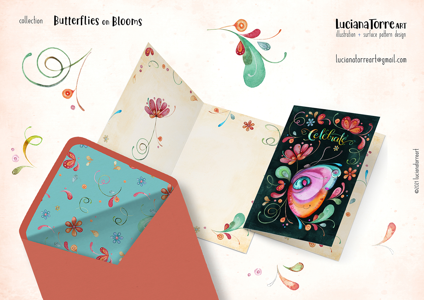 vibrant rainbow colorful butterfly and modern flowers design in vivid tones of fuchsia pink, orange, turquoise and green on dark background. trendy floral illustration with festive hand lettering for celebrate - hand painted watercolour floral and botanical illustrations by Luciana Torre Art for licensing 