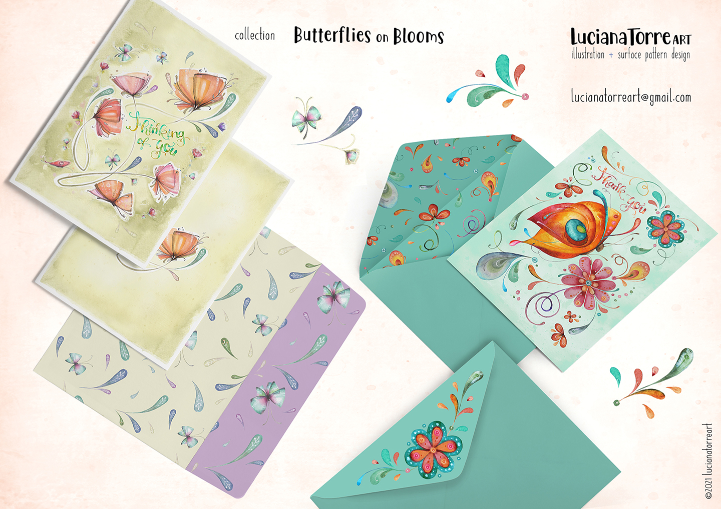 elegant floral composition with bunch of pink tulip flowers and pastel orange poppies with colourful butterfly and organic hand lettering positive quotes - hand painted watercolour floral illustrations and botanical designs by Luciana Torre Art for licensing

I’m Luciana Torre, a fine artist & illustrator, freelance graphic designer & surface pattern designer with the passion for hand drawn lettering. I’m a commercial artist specialized in watercolor floral illustrations and hand painted botanical designs with gorgeous butterflies. I create joyful art for products available in two ways: by licensing my ready-made designs and creating custom artwork, prints & surface pattern designs. Luciana Torre Art creates unique floral designs and watercolor botanical illustrations for stationery and paper products, as well as floral textiles