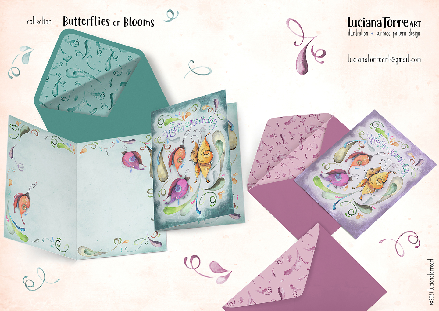 boho baby animals cute moths and bohemian butterfly in floral wreath with organic hand written happy birthday lettering - fairy botanical designs in pastel violet, golden yellow, fuchsia and baby pink - hand painted floral illustrations 
I’m Luciana Torre, a fine artist & illustrator, freelance graphic designer & surface pattern designer with the passion for hand drawn lettering. I’m a commercial artist specialized in watercolor floral illustrations and hand painted botanical designs with gorgeous butterflies. I create joyful art for products available in two ways: by licensing my ready-made designs and creating custom artwork, prints & surface pattern designs. Luciana Torre Art creates unique floral designs and watercolor botanical illustrations for stationery and paper products, as well as floral textiles