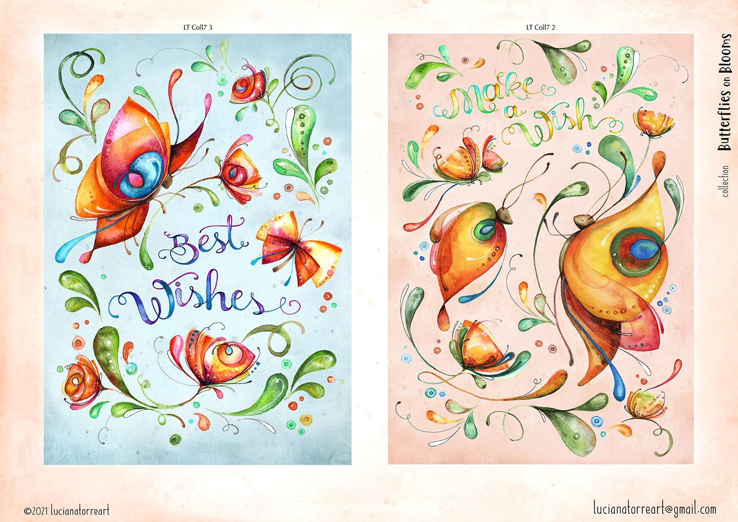 elegant butterfly in vibrant colours of golden yellow orange and red with modern flowers tulips and poppies on pastel blue sky - spring summer composition of boho floral wreath with organic hand written best wishes lettering - fairy floral design in pastel salmon pink orange with cute butterflies in vibrant colours of golden yellow orange red with organic hand written lettering positive quote - watercolour hand painted floral botanical illustrations by Luciana Torre Art for licensing 
I’m Luciana Torre, a fine artist & illustrator, freelance graphic designer & surface pattern designer with the passion for hand drawn lettering. I’m a commercial artist specialized in watercolor floral illustrations and hand painted botanical designs with gorgeous butterflies. I create joyful art for products available in two ways: by licensing my ready-made designs and creating custom artwork, prints & surface pattern designs. Luciana Torre Art creates unique floral designs and watercolor botanical illustrations for stationery and paper products, as well as floral textiles