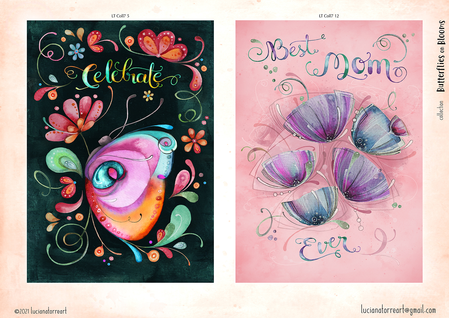 vibrant rainbow multicolour butterfly and modern flowers design in vivid tones of fuchsia pink, orange, turquoise and green on dark background. trendy floral illustration with festive hand lettering for celebrate - Best mom ever! happy mother’s day organic hand lettering in floral design with romantic bunch of violet tulip flower bouquet on pastel pink - hand painted watercolour floral and botanical illustrations by Luciana Torre Art for licensing 
I’m Luciana Torre, a fine artist & illustrator, freelance graphic designer & surface pattern designer with the passion for hand drawn lettering. I’m a commercial artist specialized in watercolor floral illustrations and hand painted botanical designs with gorgeous butterflies. I create joyful art for products available in two ways: by licensing my ready-made designs and creating custom artwork, prints & surface pattern designs. Luciana Torre Art creates unique floral designs and watercolor botanical illustrations for stationery and paper products, as well as floral textiles