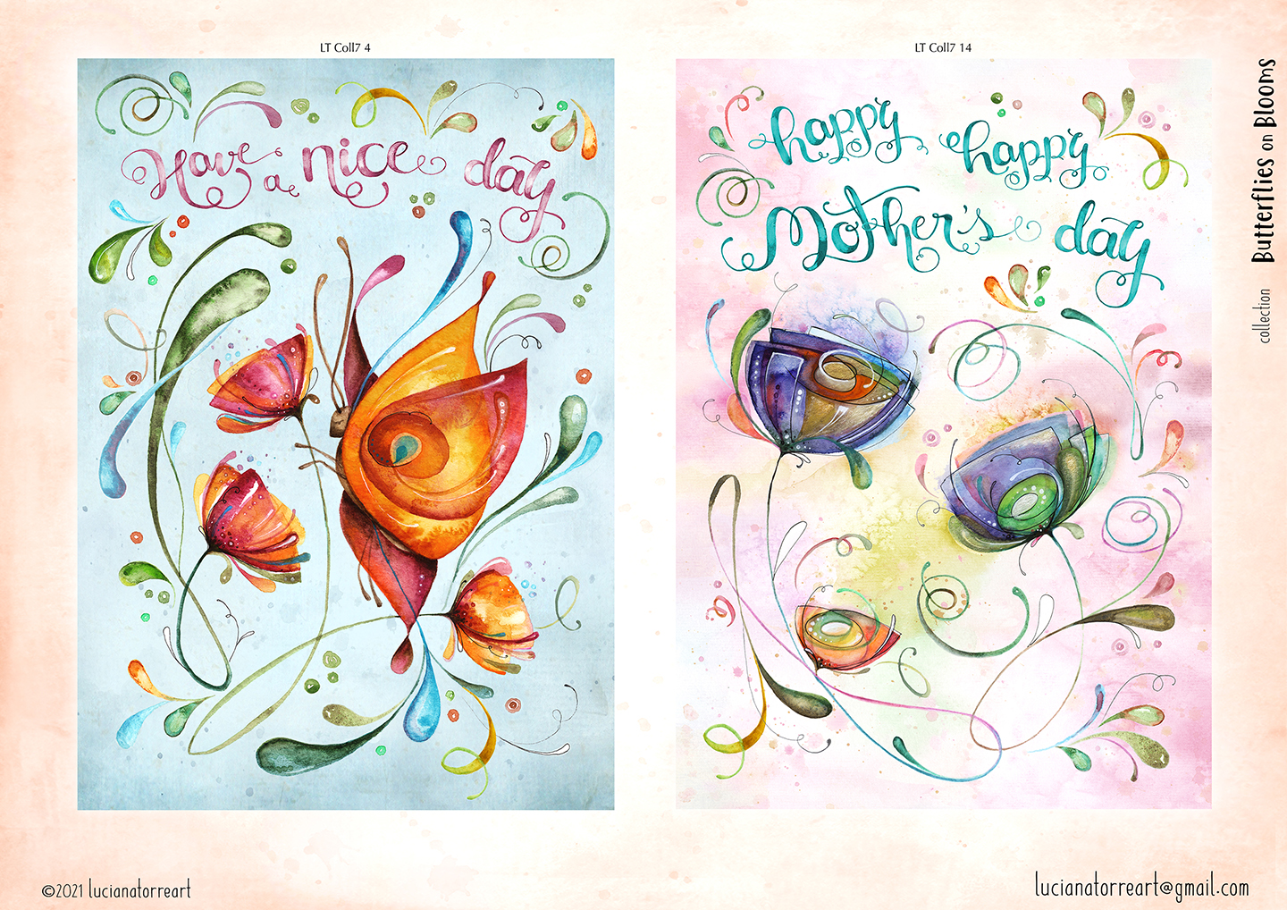 vibrant colourful butterfly in golden yellow orange and red colours with feminine flowers red poppies and pink tulips. floral illustration on pastel blue sky and organic hand lettering positive quote – romantic floral wreath with purple violet tulips and pastel baby pink with organic hand written lettering for happy Mother's Day - hand painted watercolour floral and botanical illustrations by Luciana Torre Art for licensing
I’m Luciana Torre, a fine artist & illustrator, freelance graphic designer & surface pattern designer with the passion for hand drawn lettering. I’m a commercial artist specialized in watercolor floral illustrations and hand painted botanical designs with gorgeous butterflies. I create joyful art for products available in two ways: by licensing my ready-made designs and creating custom artwork, prints & surface pattern designs. Luciana Torre Art creates unique floral designs and watercolor botanical illustrations for stationery and paper products, as well as floral textiles