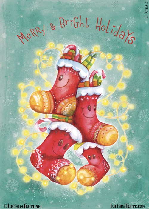 Hand-painted illustration featuring four colorful Christmas stockings adorned with cheerful faces, surrounded by warm string lights and the text 'Merry & Bright Holidays' in a festive font.