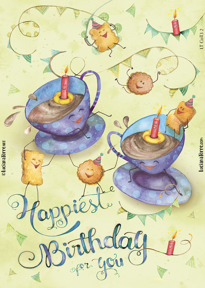 kids party food design of cheerful illustration of couple of cocoa cups with cookies and happy birthday candles. funny food characters hand painted in pastel green violet and baby blue sky with festive happy birthday hand draw lettering by art food illustrator Luciana Torre ART
I’m Luciana Torre, a fine artist & illustrator, freelance graphic designer & surface pattern designer with the passion for hand drawn lettering. I’m a commercial artist specialized in watercolor floral illustrations and hand painted botanical designs with gorgeous butterflies. I create joyful art for products available in two ways: by licensing my ready-made designs and creating custom artwork, prints & surface pattern designs. Luciana Torre Art creates unique floral designs and watercolor botanical illustrations for stationery and paper products, as well as floral textiles