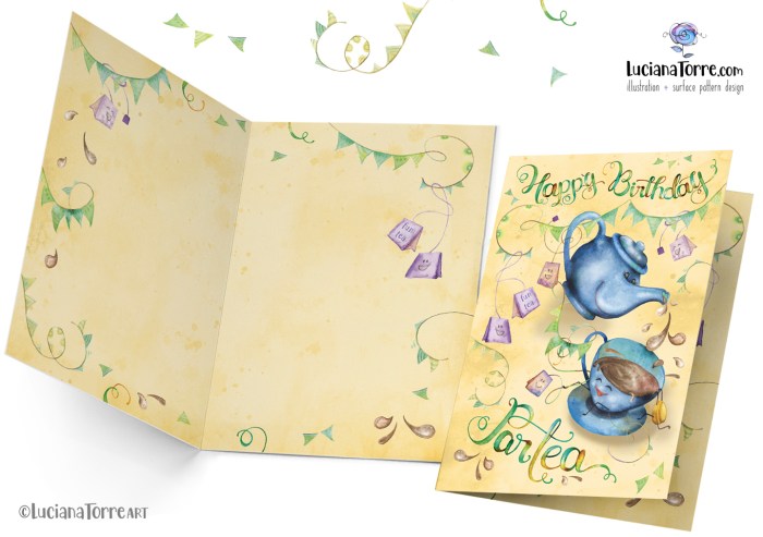 An open birthday invitation card featuring illustrated blue teapots and cups, adorned with colorful flags and playful hand-drawn text reading 'Happy Birthday Party'.