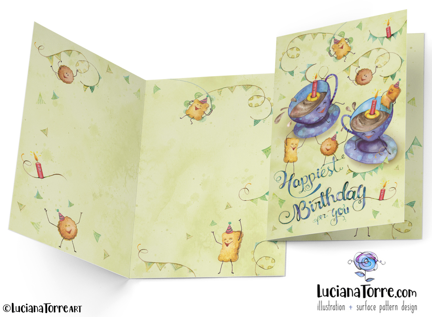 birthday party fiesta greeting card design for kids party food illustration of cheerful cocoa cups with sweet cookies and happy birthday candles. funny food characters hand painted in pastel green violet and baby blue sky with festive happy birthday hand draw lettering by art food illustrator Luciana Torre Art

I’m Luciana Torre, a fine artist & illustrator, freelance graphic designer & surface pattern designer with the passion for hand drawn lettering. I’m a commercial artist specialized in watercolor floral illustrations and hand painted botanical designs with gorgeous butterflies. I create joyful art for products available in two ways: by licensing my ready-made designs and creating custom artwork, prints & surface pattern designs. Luciana Torre Art creates unique floral designs and watercolor botanical illustrations for stationery and paper products, as well as floral textiles