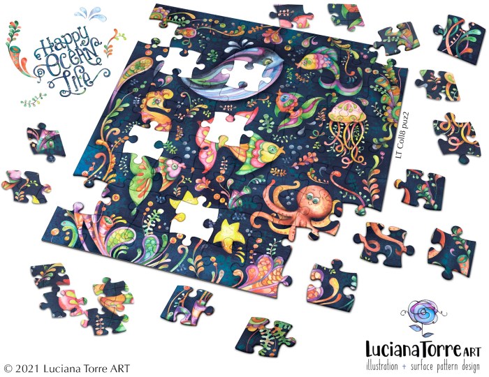 Colorful jigsaw puzzle featuring playful ocean life illustrations with whimsical baby animals like octopuses, tropical fish, and jellyfish on a dark blue background.