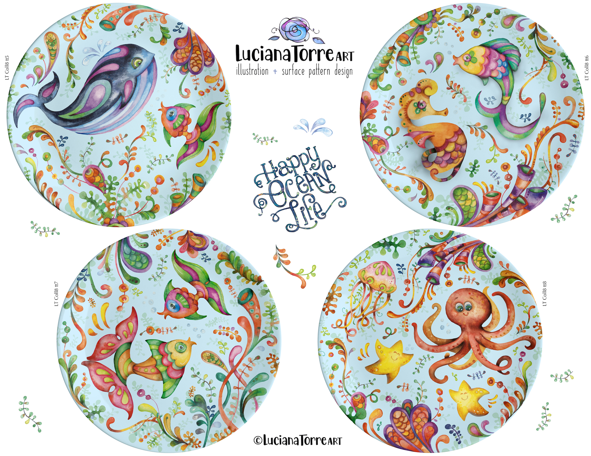 cheerful marine illustrations of happy baby ocean animals print for children disposable party dishes tableware with light background by Luciana Torre Art 

cute baby sea animal festive designs in bright and vibrant colours: cute whales, full colour tropical fish, friendly octopuses and cheerful starfish play among colorful seaweed and jellyfish. these children's illustrations evoke the heat of summer, relax on the beach, sunny days of summertime and holidays games. 
I’m Luciana Torre, a fine artist & illustrator, freelance graphic designer & surface pattern designer with the passion for hand drawn lettering. I’m a commercial artist specialized in watercolor floral illustrations and hand painted botanical designs with gorgeous butterflies. I create joyful art for products available in two ways: by licensing my ready-made designs and creating custom artwork, prints & surface pattern designs. Luciana Torre Art creates unique floral designs and watercolor botanical illustrations for stationery and paper products, as well as floral textiles
