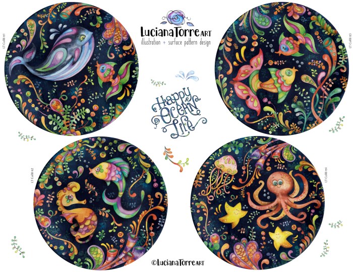 cheerful marine designs of happy baby ocean animals print for children disposable party dishes tableware with dark background by luciana-torre-art 

cute baby ocean animal festive designs in bright and vibrant colours: cute whales, full colour tropical fish, friendly octopuses and cheerful starfish play among colorful seaweed and jellyfish. these children's illustrations evoke the heat of summer, relax on the beach, sunny days of summertime and holidays games. 

I’m Luciana Torre, a fine artist & illustrator, freelance graphic designer & surface pattern designer with the passion for hand drawn lettering. I’m a commercial artist specialized in watercolor floral illustrations and hand painted botanical designs with fairy butterflies. I create joyful art for products available by licensing my ready-made designs and by creating new custom artwork, prints & surface pattern designs. Luciana Torre Art creates joyful floral designs and watercolor botanical illustrations for stationery and paper products, as well as floral textiles.