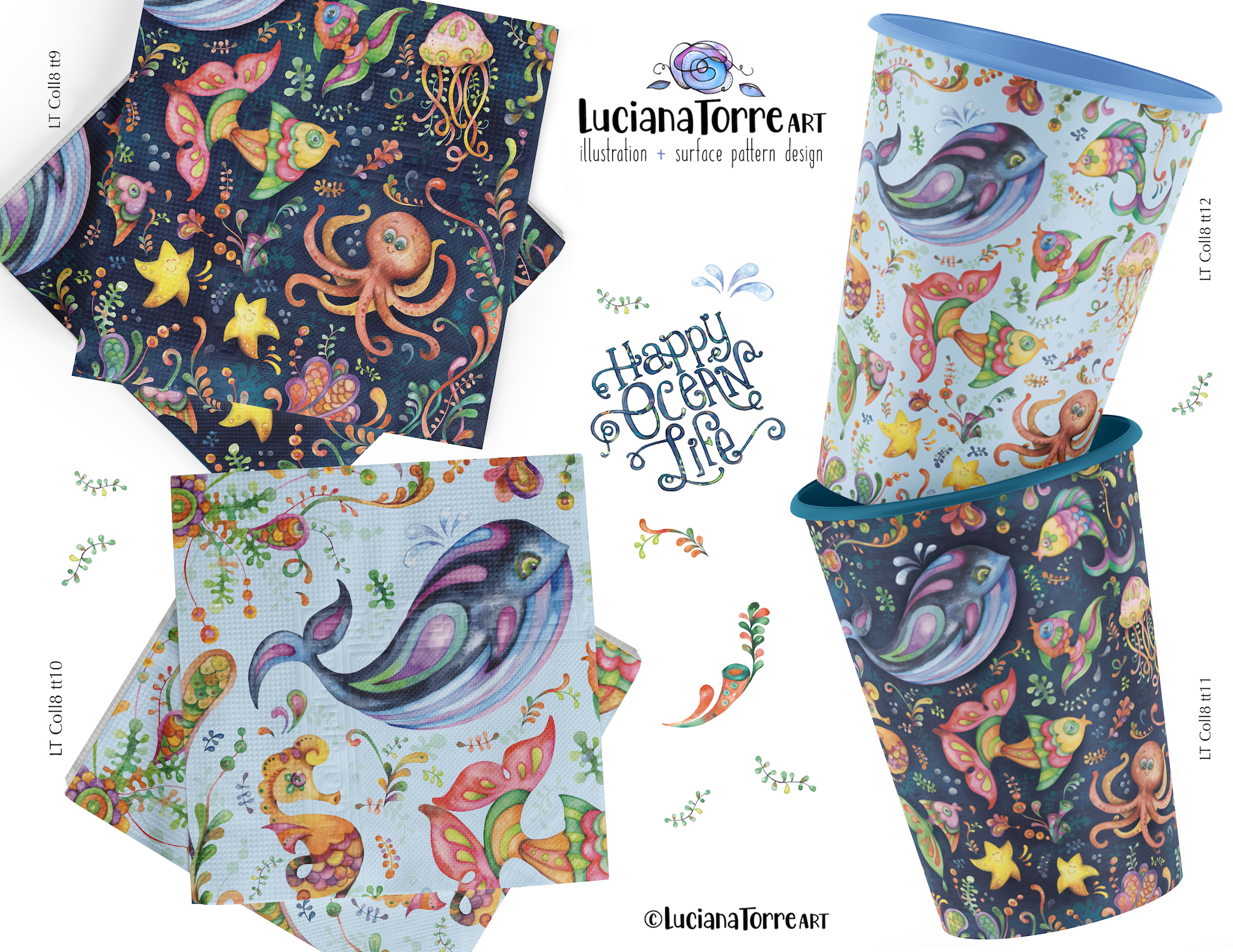 cheerful marine illustrations of happy baby ocean animals print for children party napkins and disposable glasses tableware by Luciana Torre Art 

cute baby sea animal fiesta designs in bright and vibrant colours: cute whales, full colour tropical fish, friendly octopuses and cheerful starfish play among colorful seaweed and jellyfish. festive illustrations evoke the heat of summer, relax on the beach, sunny days of summertime and holidays games. 

I’m Luciana Torre, a fine artist & illustrator, freelance graphic designer & surface pattern designer with the passion for hand drawn lettering. I’m a commercial artist specialized in watercolor floral illustrations and hand painted botanical designs with gorgeous butterflies. I create joyful art for products available in two ways: by licensing my ready-made designs and creating custom artwork, prints & surface pattern designs. Luciana Torre Art creates unique floral designs and watercolor botanical illustrations for stationery and paper products, as well as floral textiles