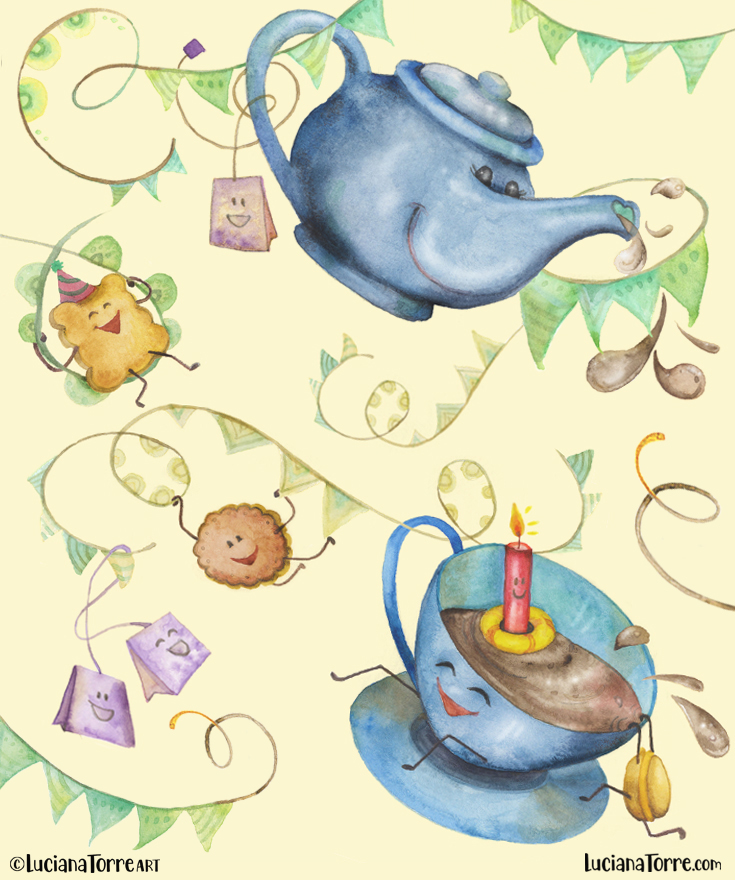 festive kid food characters icons hand painted in pastel yellow and baby blue for children party food illustration of cheerful chocolate cupcake with happy birthday candle, teapot and fun cookies with party cotillion garlands and teabags by food illustrator Luciana Torre Art

I’m Luciana Torre, a fine artist & illustrator, freelance graphic designer & surface pattern designer with the passion for hand drawn lettering. I’m a commercial artist specialized in watercolor floral illustrations and hand painted botanical designs with gorgeous butterflies. I create joyful art for products available in two ways: by licensing my ready-made designs and creating custom artwork, prints & surface pattern designs. Luciana Torre Art creates unique floral designs and watercolor botanical illustrations for stationery and paper products, as well as floral textiles