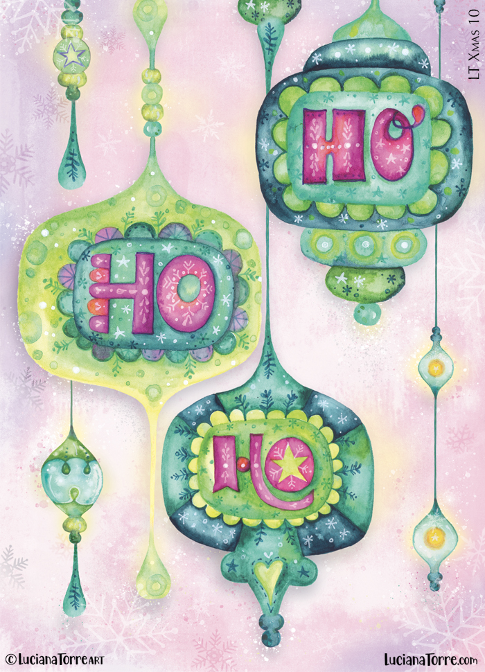 Hand-painted Christmas ornaments featuring the word 'HO' in vibrant colors, surrounded by a soft pastel background with snowflakes.