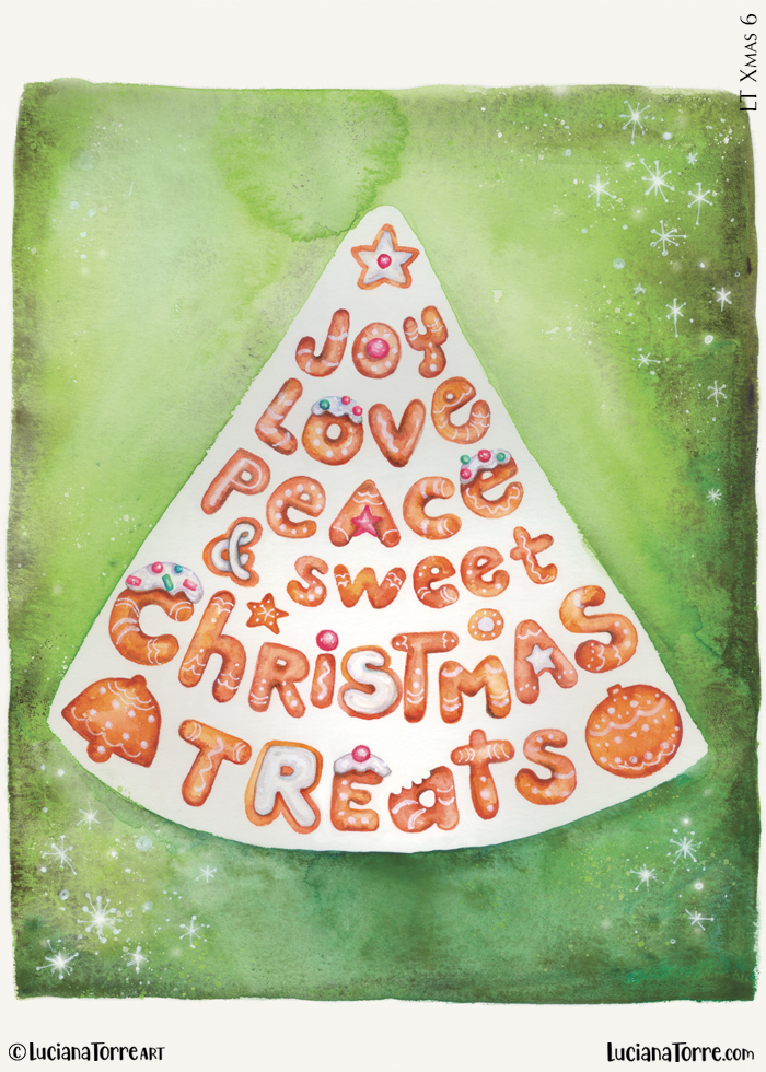 Hand-painted illustration of a Christmas tree made of playful lettering spelling 'Joy, Love, Peace & Sweet Christmas Treats,' surrounded by festive elements on a green background.