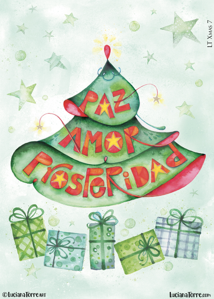 illustrated hand draw lettering in Spanish greetings for paz amor y prosperidad as an alternative christmas tree in retro style hand painted in watercolour by Luciana Torre Art. boho holiday winter design with gifts under the christmas tree illustrated in traditional christmas colours red and pastel green created by Luciana Torre Art for licensing
I’m Luciana Torre, a fine artist & illustrator, freelance graphic designer & surface pattern designer with the passion for hand drawn lettering. I’m a commercial artist specialized in watercolor floral illustrations and hand painted botanical designs with gorgeous butterflies. I create joyful art for products available in two ways: by licensing my ready-made designs and creating custom artwork, prints & surface pattern designs. Luciana Torre Art creates unique floral designs and watercolor botanical illustrations for stationery and paper products, as well as floral textiles