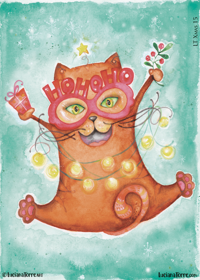 A cheerful orange cat wearing 'Ho Ho Ho' glasses, surrounded by festive lights and snowflakes, on a teal background.