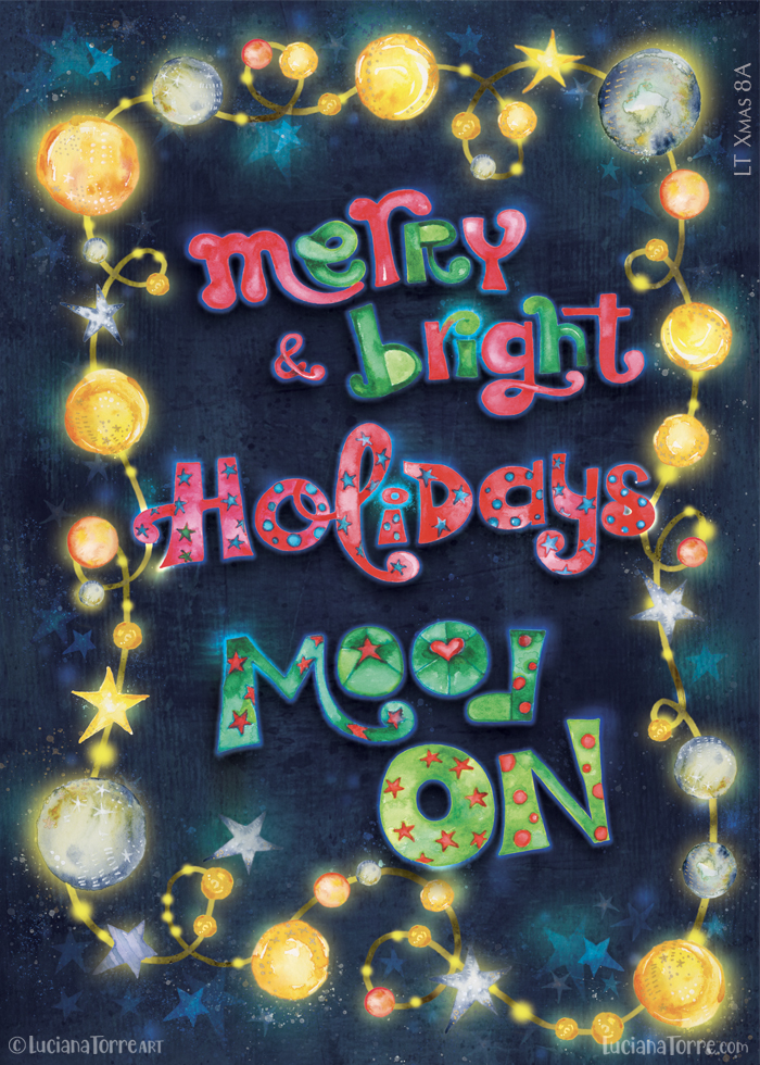 Hand-painted illustration with the text 'Merry & Bright Holidays Mood On' surrounded by colorful lights and stars, evoking a festive Christmas and cozy winter holiday atmosphere.