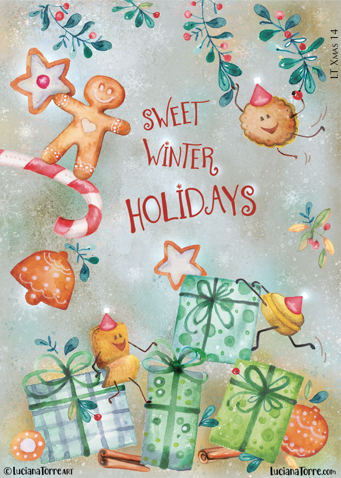 happy winter comfort food illustration of cheerful gingerbread cookies enjoy winter holiday party with gifts ribbons, mistletoes, sweet candies and sugarcane. Seasonal design and watercolour illustration by Luciana Torre Art for licensing
I’m Luciana Torre, a fine artist & illustrator, freelance graphic designer & surface pattern designer with the passion for hand drawn lettering. I’m a commercial artist specialized in watercolor floral illustrations and hand painted botanical designs with gorgeous butterflies. I create joyful art for products available in two ways: by licensing my ready-made designs and creating custom artwork, prints & surface pattern designs. Luciana Torre Art creates unique floral designs and watercolor botanical illustrations for stationery and paper products, as well as floral textiles