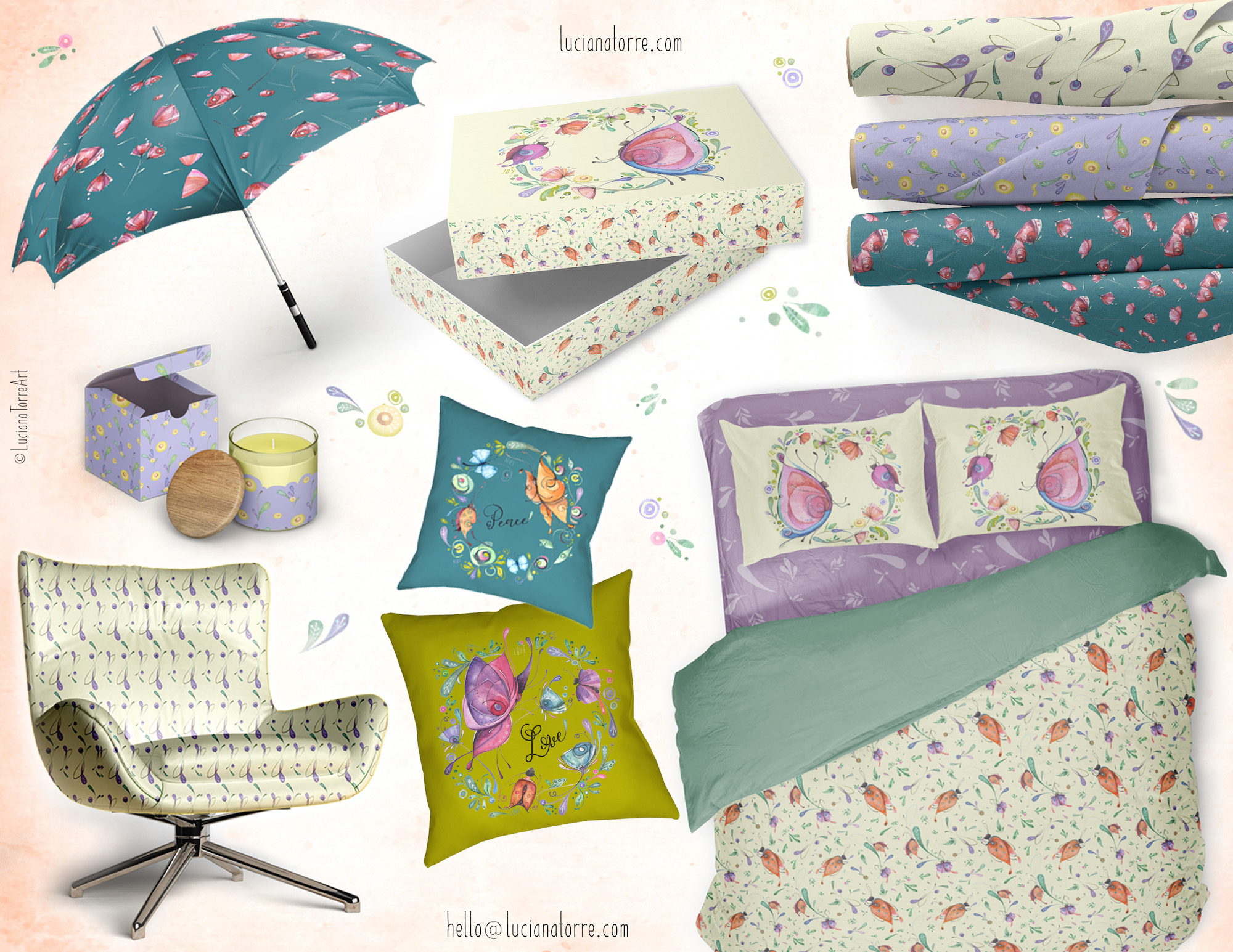 A collage of boho-chic home decor items featuring colorful floral patterns, including an umbrella, decorative pillows, bedding, patterned sheets, and storage boxes with hand-painted watercolor illustrations of tulips, poppies, and whimsical designs.