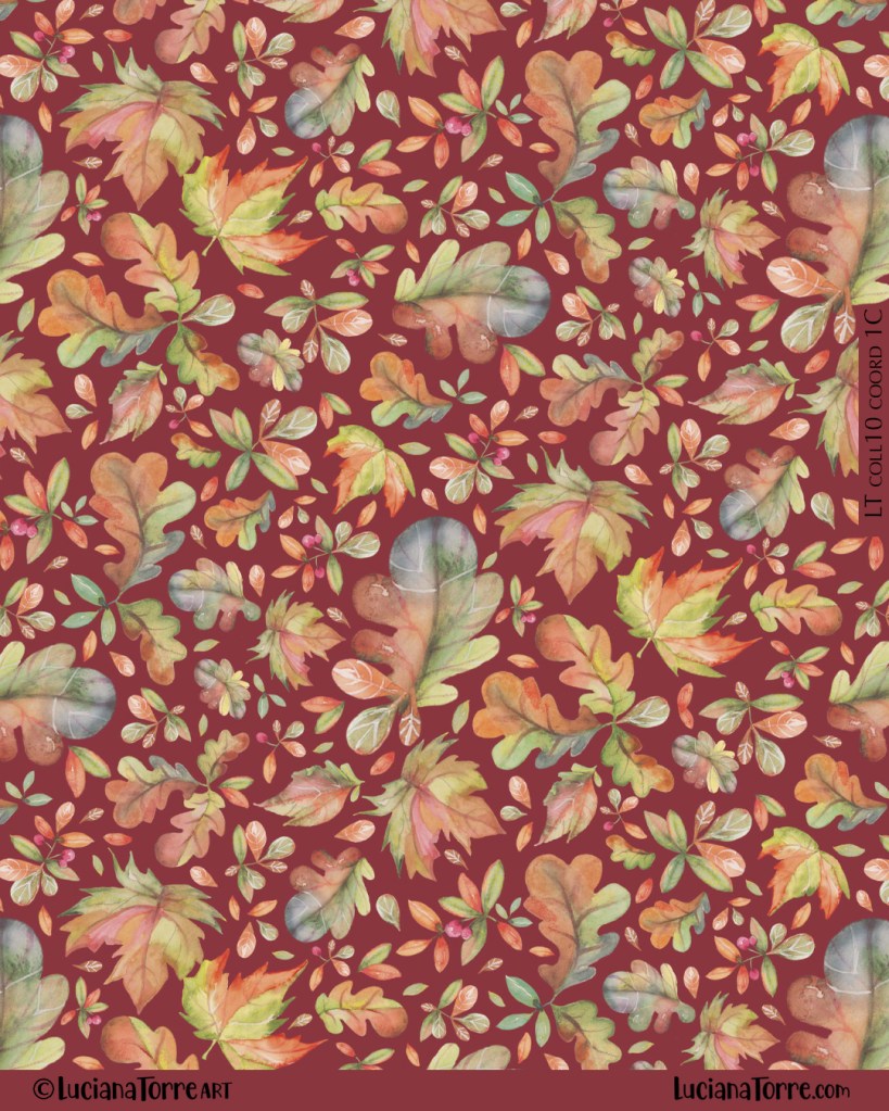 A seamless textile design featuring various watercolor leaves and botanical elements in warm autumn colors on a deep red background, showcasing the beauty and essence of fall.