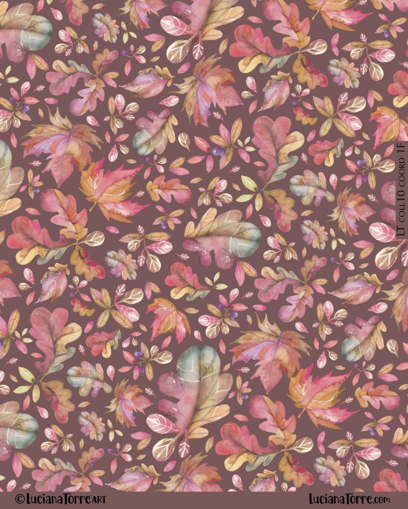 Watercolor illustration of autumn leaves and foliage in warm tones, showcasing a variety of shapes and colors against a muted background.