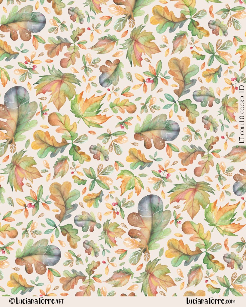 A detailed watercolor pattern featuring a variety of autumn leaves, acorns, and small branches in warm hues against a light background.