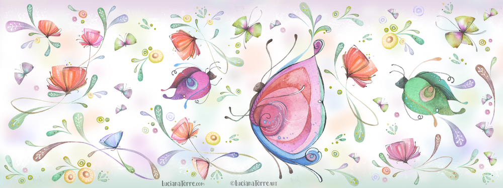fairy garden botanical design with a whimsical baby pink butterfly and naif moths in bright colours - dreamy boho floral summertime illustration of poppies and daisies hand painted in watercolour in pastel multicolour rainbow palette by Luciana Torre Art for LICENSING 

I’m Luciana Torre, a fine artist & illustrator, freelance graphic designer & surface pattern designer with the passion for hand drawn lettering. I’m a commercial artist specialized in watercolor floral illustrations and hand painted botanical designs with gorgeous butterflies. I create joyful art for products available in two ways: by licensing my ready-made designs and creating custom artwork, prints & surface pattern designs. Luciana Torre Art creates unique floral designs and watercolor botanical illustrations for stationery and paper products, as well as floral textiles