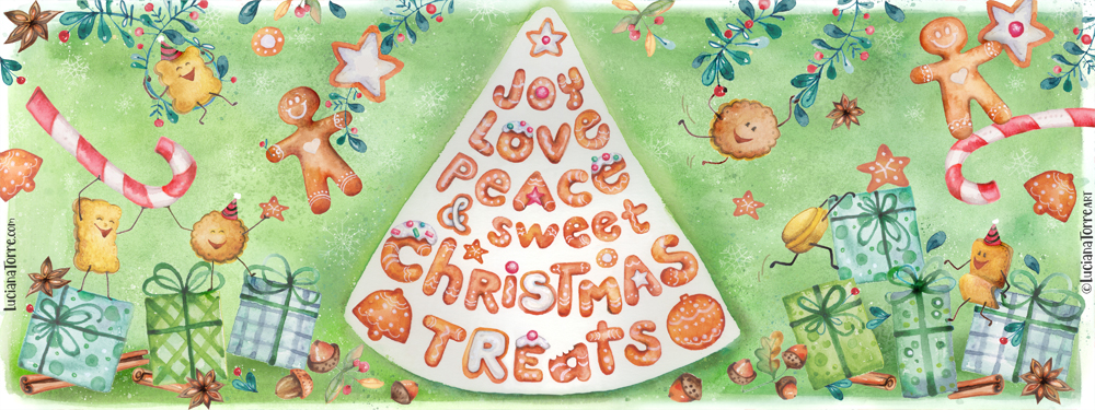 A whimsical hand-painted illustration featuring festive gingerbread cookies, candy canes, and colorful presents, with the words 'Joy, Love, Peace & Sweet Christmas Treats' in a playful design.