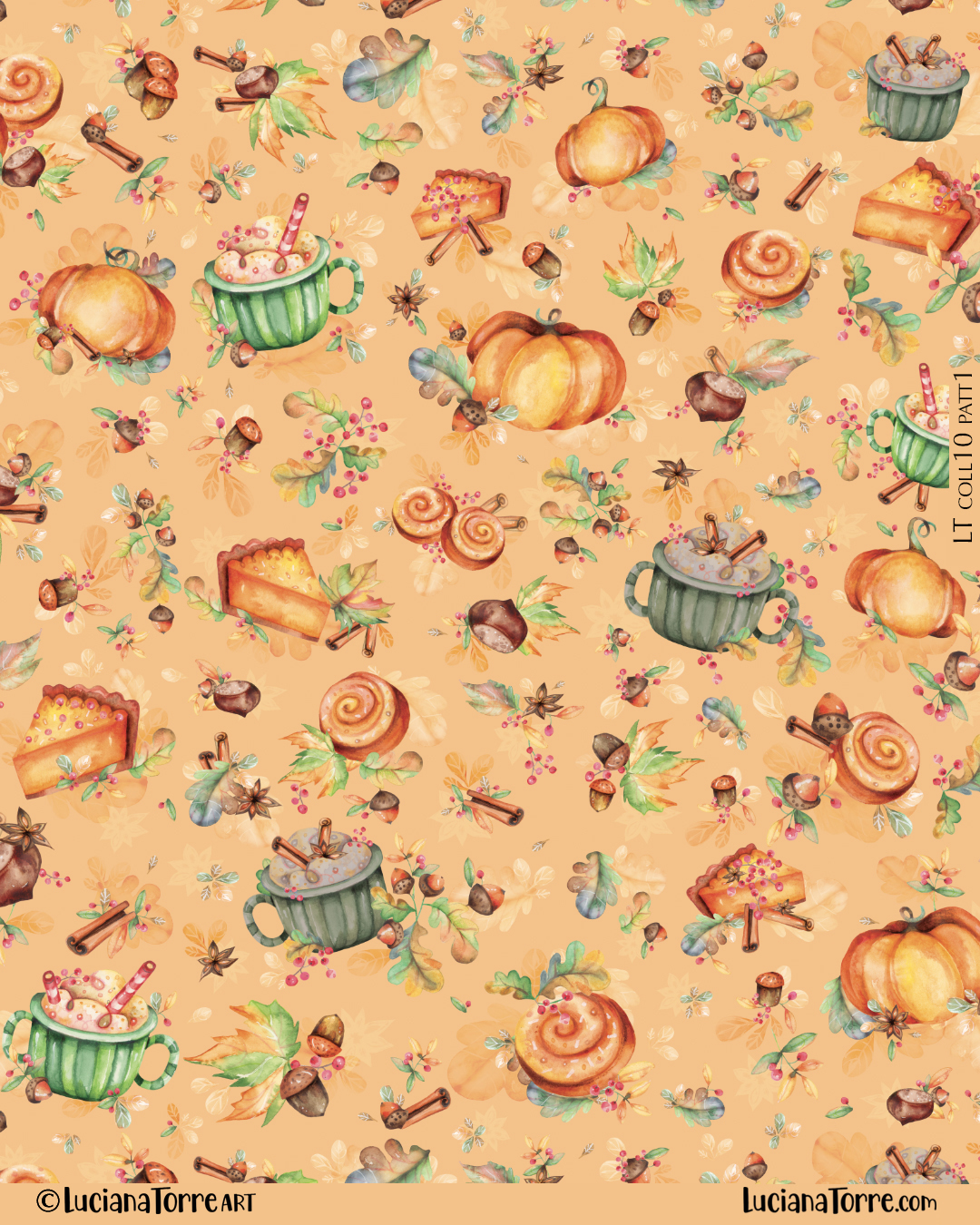 cozy comfort food autumn print pattern for pumpkin lovers with cupcakes, spiced pumpkin latte, cinnamon rolls, pumpkin pie, nuts and fall leaves. bohemian food icons hand painted in watercolour in earthy tones of pastel blue green, orange, cherry crimson, golden yellow and red brown by Luciana Torre Art for LICENSING

I’m Luciana Torre, a fine artist & illustrator, freelance graphic designer & surface pattern designer with the passion for hand drawn lettering. I’m a commercial artist specialized in watercolor floral illustrations and hand painted botanical designs with gorgeous butterflies. I create joyful art for products available in two ways: by licensing my ready-made designs and creating custom artwork, prints & surface pattern designs. Luciana Torre Art creates unique floral designs and watercolor botanical illustrations for stationery and paper products, as well as floral textiles