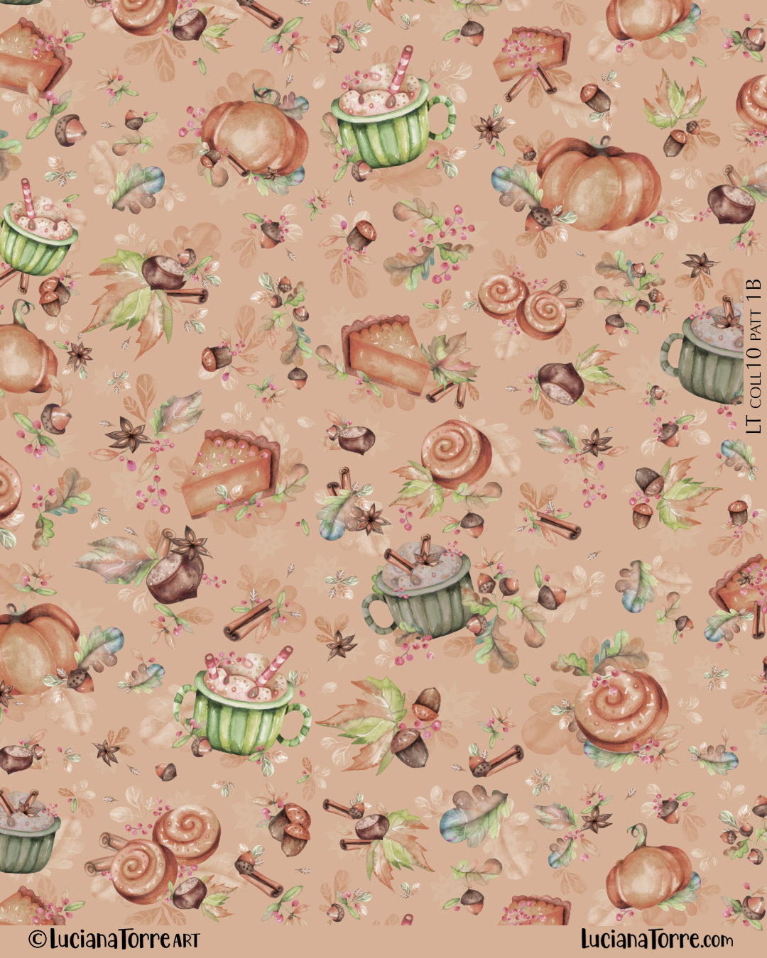 vintage comfort food autumn print pattern for pumpkin lovers with cupcakes, spiced pumpkin latte, cinnamon rolls, pumpkin pie, nuts and fall leaves. bohemian food icons hand painted in watercolour in earthy tones of pastel blue green, salmon pink orange, golden yellow and red brown by Luciana Torre Art for LICENSING
I’m Luciana Torre, a fine artist & illustrator, freelance graphic designer & surface pattern designer with the passion for hand drawn lettering. I’m a commercial artist specialized in watercolor floral illustrations and hand painted botanical designs with gorgeous butterflies. I create joyful art for products available in two ways: by licensing my ready-made designs and creating custom artwork, prints & surface pattern designs. Luciana Torre Art creates unique floral designs and watercolor botanical illustrations for stationery and paper products, as well as floral textiles