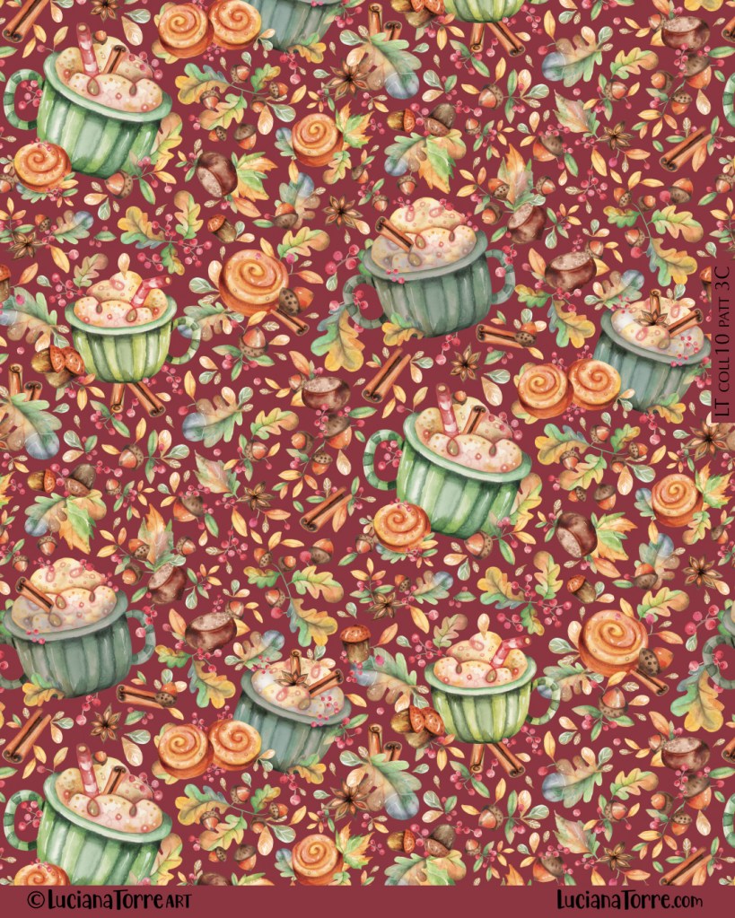 A colorful textile design featuring hand-painted watercolor elements like green mugs filled with creamy mixtures, cinnamon sticks, swirls of pastry, acorns, and autumn leaves on a rich maroon background.