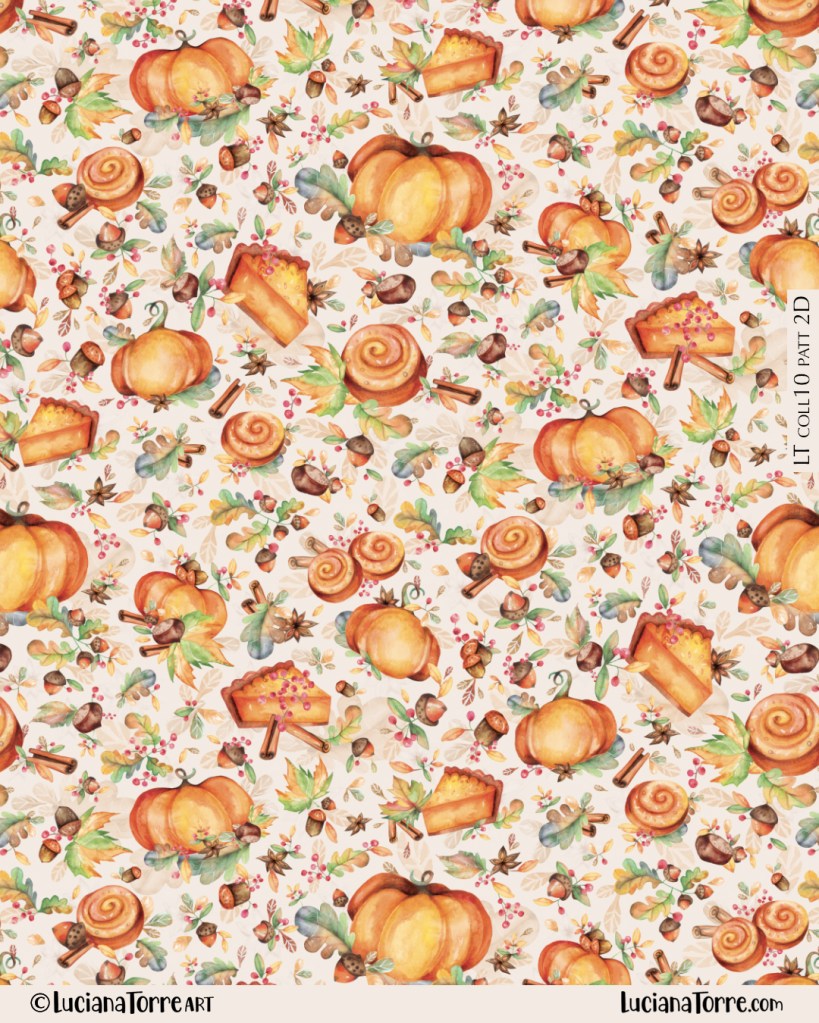 A seamless textile design featuring pumpkins, autumn leaves, acorns, and baked goods like pies and cinnamon rolls, all illustrated in warm watercolor tones to evoke the essence of fall.