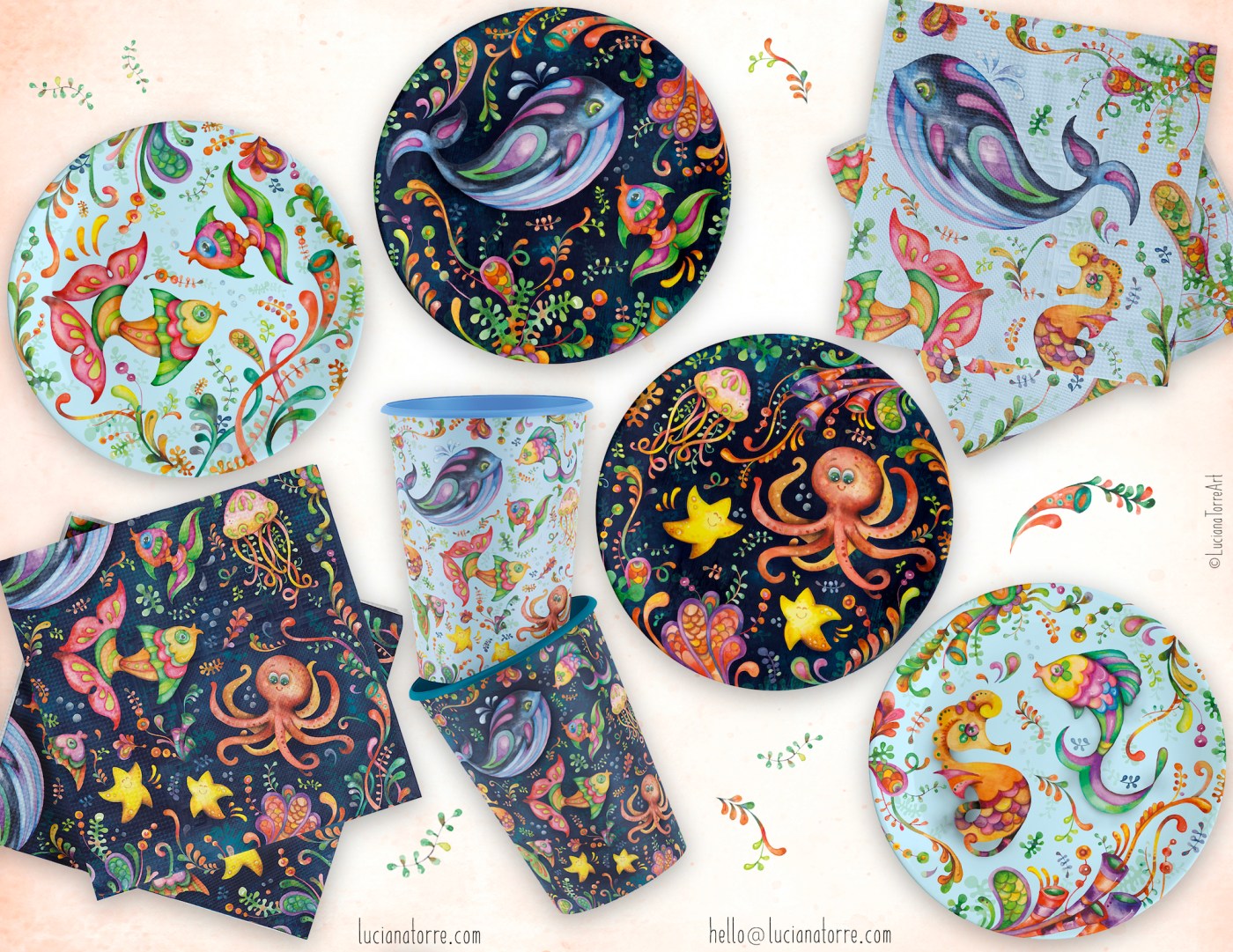 Colorful children's party items featuring playful ocean-themed illustrations, including cute whales, tropical fish, octopuses, and starfish on plates, cups, and napkins.