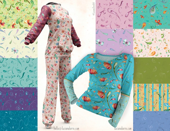 Boho-chic floral fabrics displayed on a mannequin featuring hand-painted watercolor illustrations of vibrant tulips and butterflies, surrounded by an assortment of colored floral patterns.
