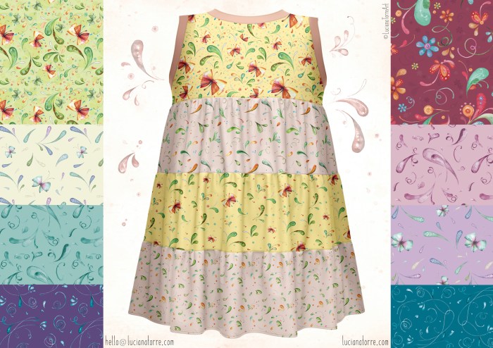 A sleeveless children's dress featuring a colorful floral and butterfly pattern. The dress is designed with a tiered look, showcasing various coordinating fabric swatches in vibrant colors, including green, pink, yellow, and blue. The background includes whimsical floral motifs and small butterflies, adding a playful touch.