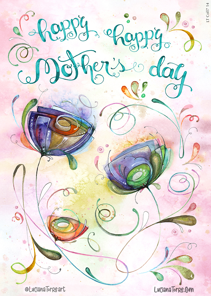 romantic floral wreath with purple violet tulips and pastel baby pink with organic hand written lettering for happy Mother's Day - hand painted watercolour floral and botanical illustrations by Luciana Torre Art for licensing