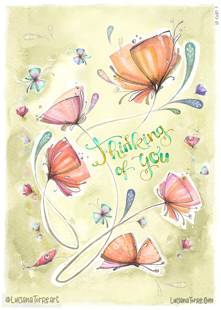 delicate floral composition with bunch of salmon pink tulip flowers and pastel orange poppies with little butterflies and organic hand lettering positive quote thinking of you - fairy botanical design in pastel violet, golden yellow and fuchsia pink -
watercolour hand painted floral illustrations by Luciana Torre Art for licensing 
I’m Luciana Torre, a fine artist & illustrator, freelance graphic designer & surface pattern designer with the passion for hand drawn lettering. I’m a commercial artist specialized in watercolor floral illustrations and hand painted botanical designs with fairy butterflies. I create joyful art for products available by licensing my ready-made designs and by creating new custom artwork, prints & surface pattern designs. Luciana Torre Art creates joyful floral designs and watercolor botanical illustrations for stationery and paper products, as well as floral textiles.