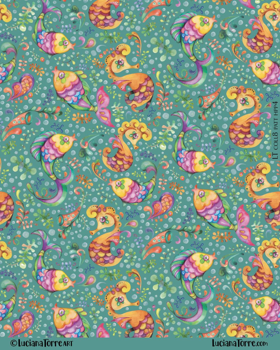 Cheerful baby ocean animal print design with playful seahorse, wild tropical fish and seaweed in boho style. Summer children illustration and marine floral pattern design in rainbow colours
I’m Luciana Torre, a fine artist & illustrator, freelance graphic designer & surface pattern designer with the passion for hand drawn lettering. I’m a commercial artist specialized in watercolor floral illustrations and hand painted botanical designs with gorgeous butterflies. I create joyful art for products available in two ways: by licensing my ready-made designs and creating custom artwork, prints & surface pattern designs. Luciana Torre Art creates unique floral designs and watercolor botanical illustrations for stationery and paper products, as well as floral textiles