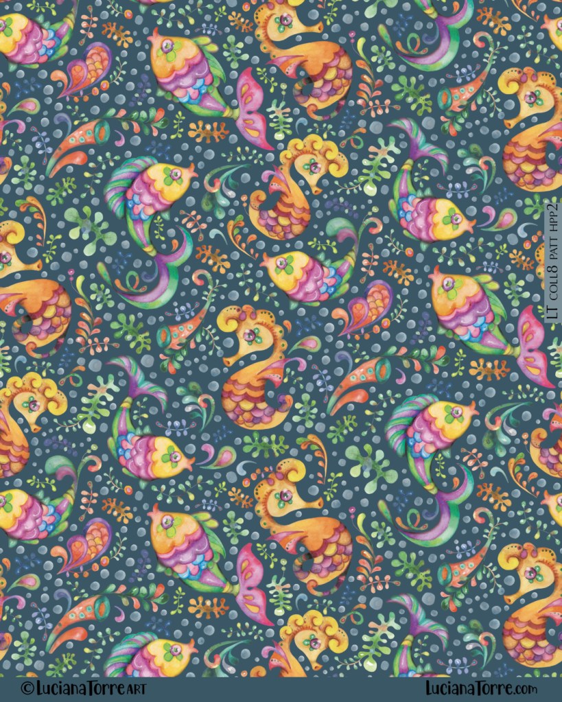 Colorful watercolor pattern featuring playful fish and seahorses amidst leaves and bubbles on a dark background.