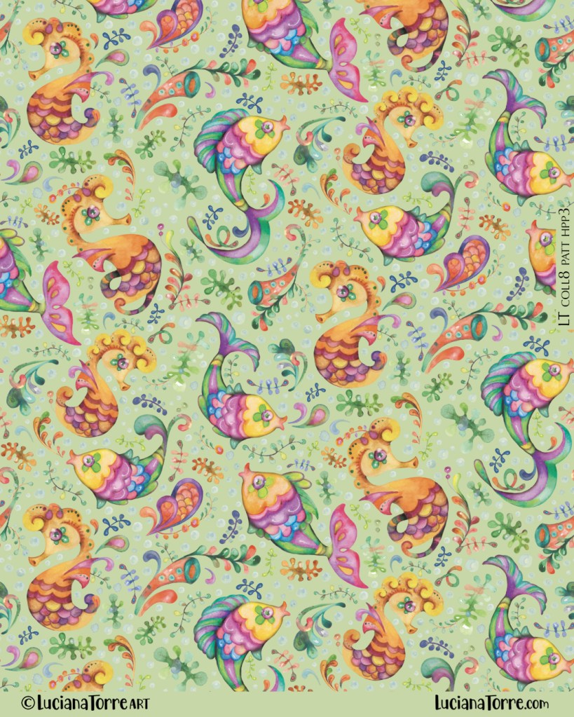 Colorful watercolor pattern featuring playful sea creatures including whimsical fish and swirling marine elements on a light green background.