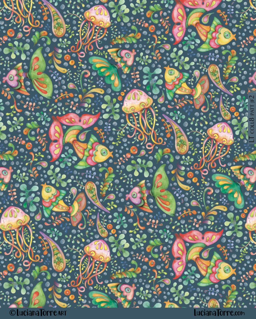 Colorful watercolor pattern featuring jellyfish, fish, and floral elements in vibrant hues on a dark blue background.