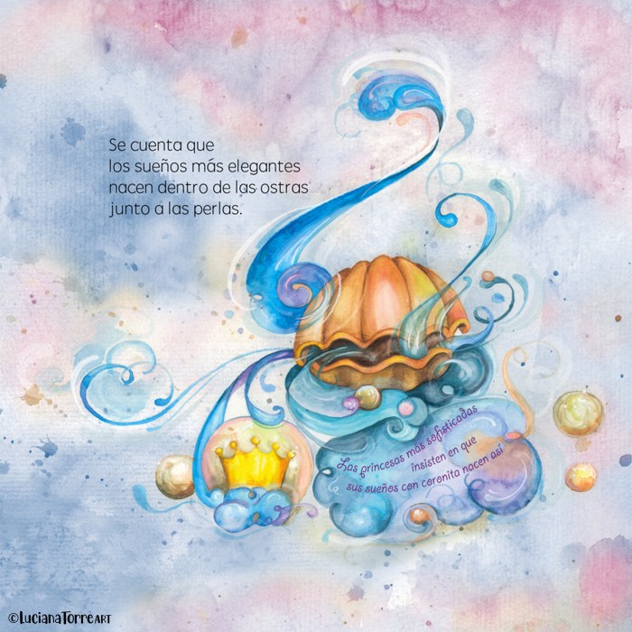 Illustration from the children's book 'Soñalitas', featuring an elegant oyster with pearls, surrounded by whimsical swirls and soft pastel colors. Text reads: 'Se cuenta que los sueños más elegantes nacen dentro de las ostras junto a las perlas.'