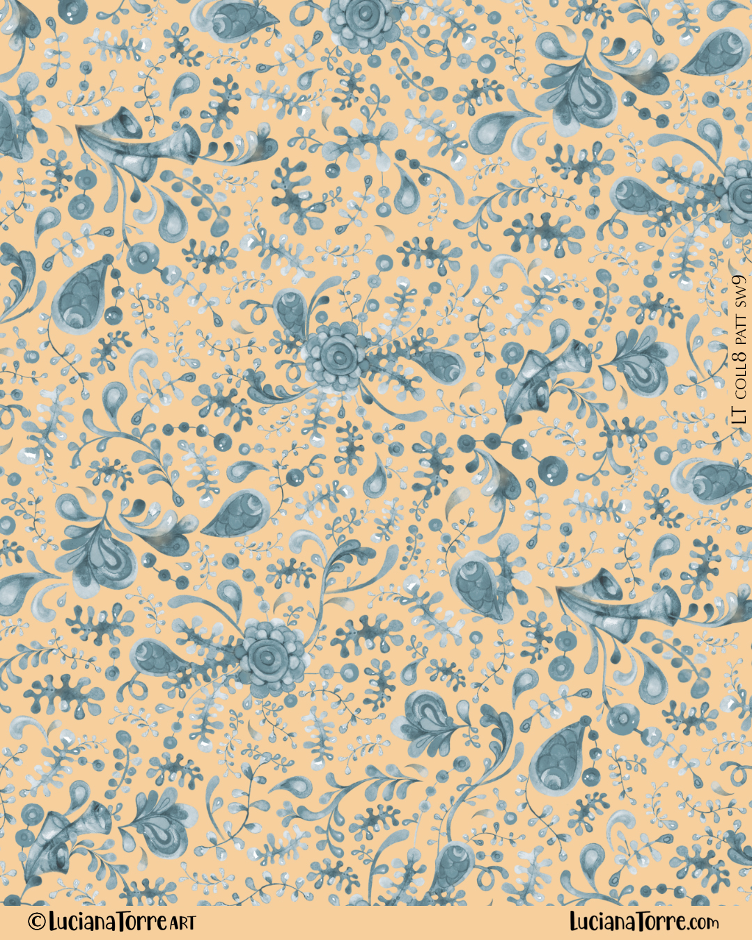 trendy marine flowery print design with bohemian botanical illustration. Summer watercolour illustration of coastal floral design in duotone pastel blue and orange in seamless repeat design by Luciana Torre Art

I’m Luciana Torre, a fine artist & illustrator, freelance graphic designer & surface pattern designer with the passion for hand drawn lettering. I’m a commercial artist specialized in watercolor floral illustrations and hand painted botanical designs with gorgeous butterflies. I create joyful art for products available in two ways: by licensing my ready-made designs and creating custom artwork, prints & surface pattern designs. Luciana Torre Art creates unique floral designs and watercolor botanical illustrations for stationery and paper products, as well as floral textiles