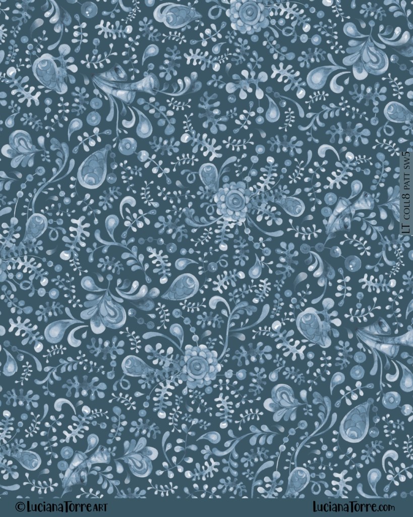 Seamless pattern featuring whimsical watercolor illustrations of marine flora and fauna in shades of blue, including various fish, seaweed, and underwater plants.