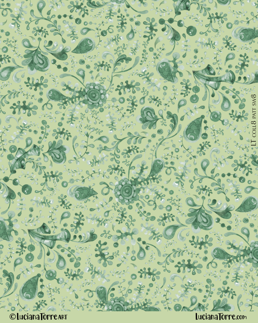 feminine marine flowery print design with bohemian botanical illustration. Summer watercolour illustration of coastal floral design in monochrome green in seamless repeat design by Luciana Torre Art
I’m Luciana Torre, a fine artist & illustrator, freelance graphic designer & surface pattern designer with the passion for hand drawn lettering. I’m a commercial artist specialized in watercolor floral illustrations and hand painted botanical designs with gorgeous butterflies. I create joyful art for products available in two ways: by licensing my ready-made designs and creating custom artwork, prints & surface pattern designs. Luciana Torre Art creates unique floral designs and watercolor botanical illustrations for stationery and paper products, as well as floral textiles