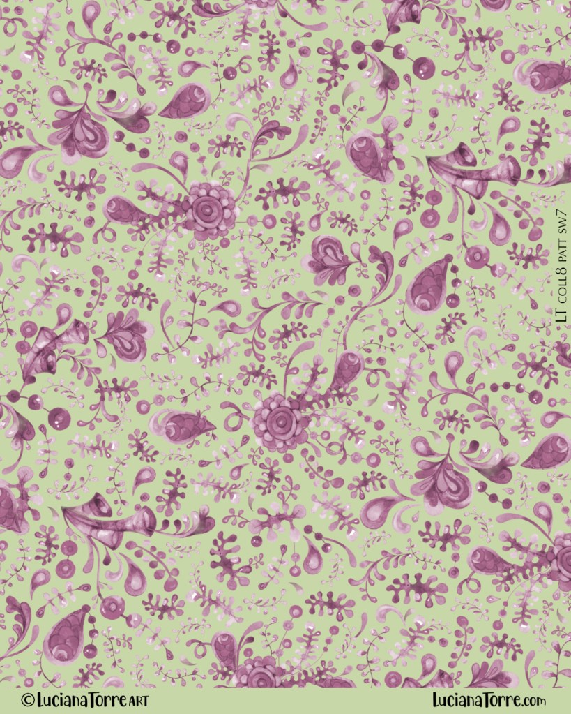 Seamless pattern featuring colorful floral and marine designs, with whimsical elements like leaves and flowers in shades of purple on a light green background.