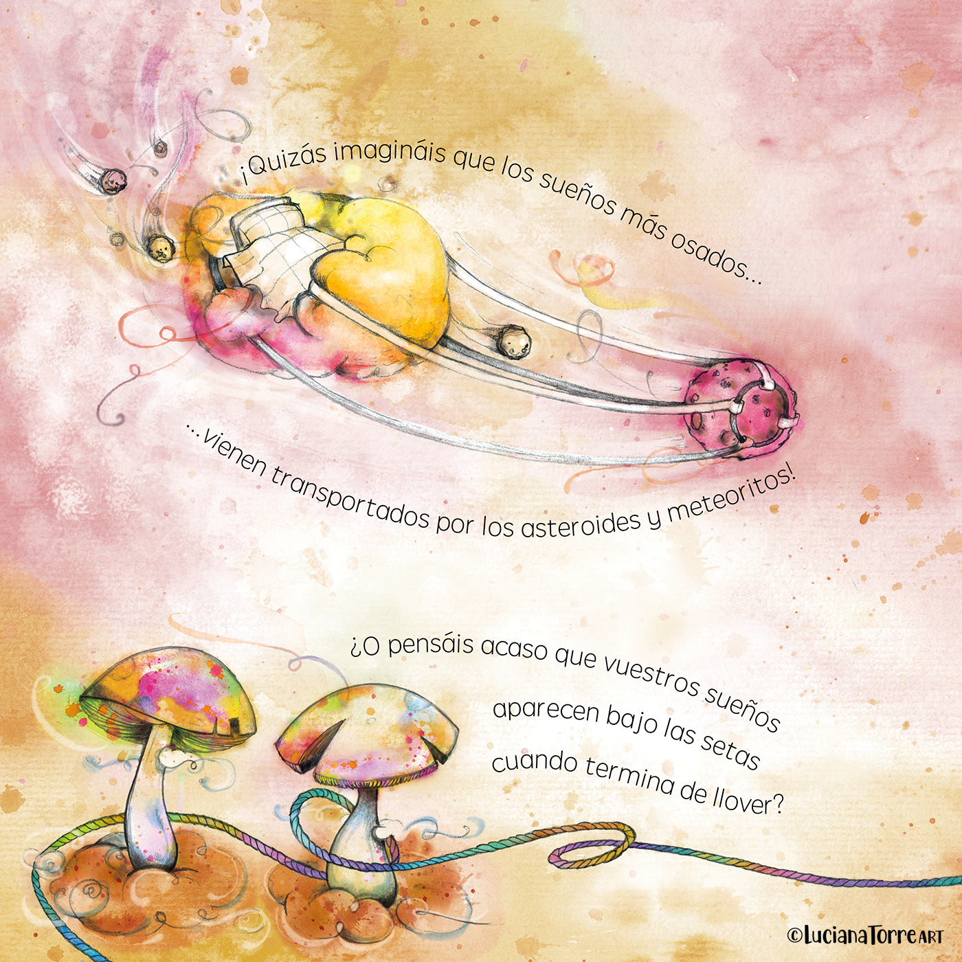 A whimsical illustration featuring a colorful dream cloud being transported by asteroids and meteorites, with vibrant mushrooms below and playful text in Spanish about the origins of dreams.