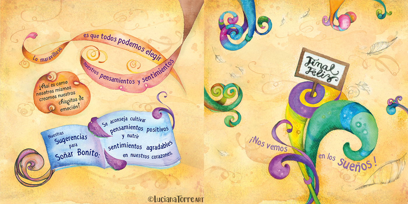 children book illustration created by Luciana Torre Art of an enchanting kid book illustration from the book of dreams where the Sonialitas share their suggestions to dream beautifully and live happily! because their positive message is: the thoughts and emotions we cultivate in our hearts are the little seeds from which our dreams blossom. trendy cheerful powerful hand draw lettering for children book illustration by watercolour artist Luciana Torre Art
